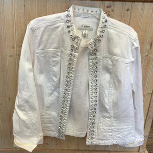 Chico’s Platinum Rhinestone and Pearl White Denim Jacket Sz 3